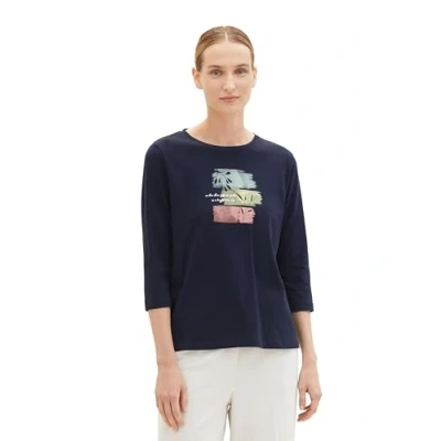 Abbildung von TOM TAILOR Damen Basic T Shirt mit Schrift Print, 10668 Sky Captain Blue, M