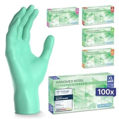 Abbildung von ARNOMED Einweghandschuhe Grün 100 Stück/Box, Nitrilhandschuhe XL, Einmalhandschuhe, Handschuhe Einweg puderfrei, latexfreie Gummihandschuhe, in XS, S, M, L &amp; XL verfügbar