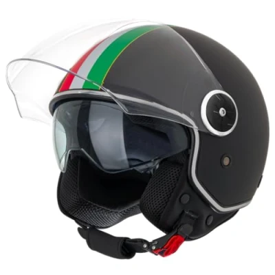 Abbildung von VINZ Neiva Jethelm mit Doppelvisier Roller Helm Italienische Flagge &amp; Sonnenblende In Gr. XS XXL ECE 22.06 Zertifiziert Motorradhelm Visier Viele Farben Erhältlich Matt Schwarz