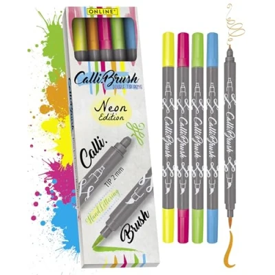 Abbildung von ONLINE Brush Pen Set Calli.Brush NEON I 5 Double Tip Pinselstifte mit Kalligrafie Spitze &amp; Pinselspitze Ungiftige Handlettering Stifte als Kalligraphie für Bullet Journals, Aquarell, Mandalas