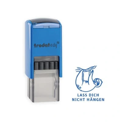 Abbildung von Trodat edy FIX Motivationsstempel für Lehrer und Pädagogen, Stempelset zum Motivieren 1 Motiv Faultier LASS DICH NICHT HÄNGEN, Deutsch, Gehäuse Blau, Abdruck Selbstfärbend, 20 x mm