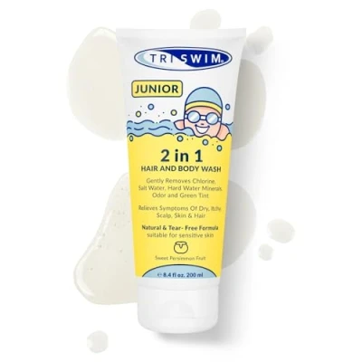 Abbildung von TRISWIM Junior After Swim Shampoo und Duschgel für Kinder, Natürliche Reißfreie Haarshampoo, Entfernt Sanft Chlor, Verhindert Juckreiz, Körperwäsche Beseitigt Grüntönung Süße