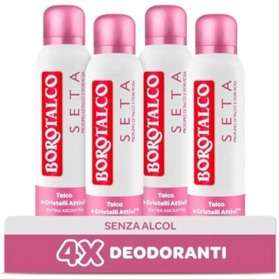 Abbildung von Borotalco, Seidenspray mit Talkum aktiven Kristallen, dreifacher Trockenschutz, ohne Alkohol, Duft von und Rosafarben, 48 Stunden Wirksamkeit 4 Stück à 150 ml Exklusiv Amazon