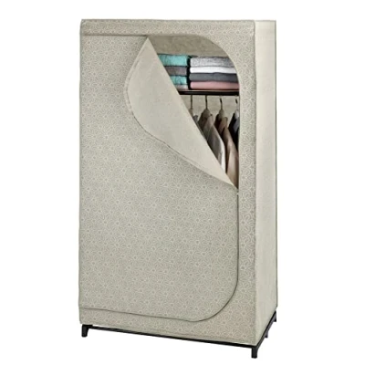 Abbildung von WENKO Kleiderschrank Mod. Balance mit Ablage und Kleiderstange, Stoffschrank zur staubfreien Aufbewahrung von Textilien, Metallgestell, atmungsaktives Vlies Material, 90x160x50 cm, Taupe