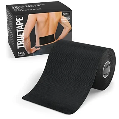 Abbildung von TRUETAPE Kinesiotapes extra breit I Kinesiologie Tape (10cm x 5m) für große Muskelgruppen hautfreundlich, wasserfest und schweißresistent schwarz