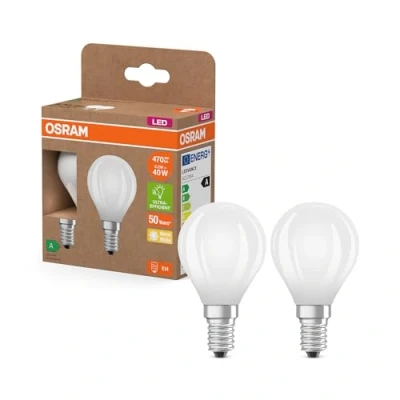 Abbildung von Osram LED Superstar Classic Lampe P 40 in klassischer Miniballform aus gefrostetem Glas, 2.2 W, 470 lm, E14 Fassung, warmweißes Licht mit 2700 K, EEK A, 45 mm Durchmesser, 2er Pack