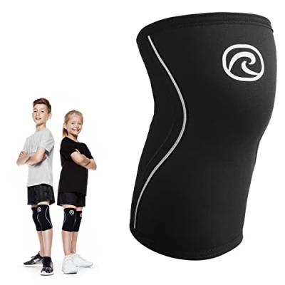 Abbildung von Rehband Kniebandage Kinder aus 5mm SBR/Neopren, Bandage Knie für Mädchen &amp; Jungs, Kompressions Sport: Fußball, Tennis oder Laufen, Farbe:Schwarz, Größe:M