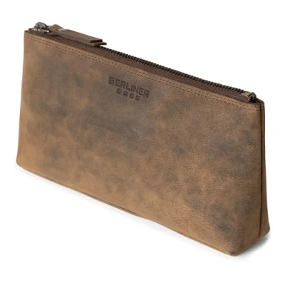 Abbildung von Berliner Bags Vintage Kosmetiktasche Anna, Kleiner Kulturbeutel, Schminktasche aus Leder, Federmäppchen für Damen und Mädchen Braun
