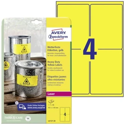 Abbildung von AVERY Zweckform L6127 20 Wetterfeste Folienetiketten (80 Signalaufkleber, 99,1x139mm auf A4, extrem stark selbstklebend, wasserfest, strapazierfähig, bedruckbare Outdoor Klebefolie) Blatt, gelb