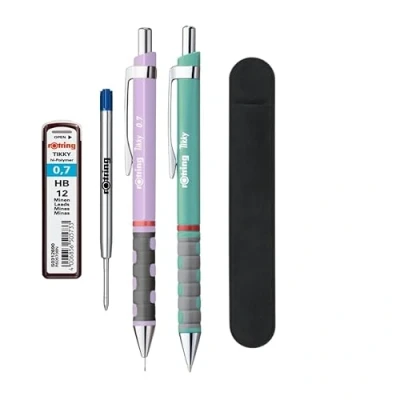 Abbildung von rOtring Tikky Pastell Kugelschreiber und Druckbleistift, blaue Tinte (M), HB 0,7 mm, Orchidee Meerblau, Samt Federmäppchen + Stiftmine mm Bleistiftminen