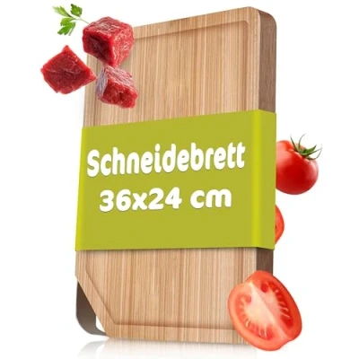 Abbildung von RÖSLE Schneidebrett mit Edelstahlgriff, 36x24 cm, Hochwertiges Holz aus robustem Ulmenholz, Holzschneidebrett für universellen Einsatz, rutschfestes Küchenbrett und Servierbrett