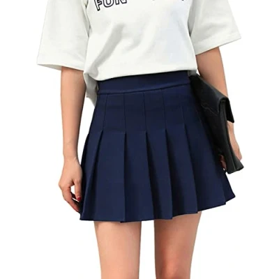 Abbildung von Hoerev Frauen Mädchen Kurze hohe Taille gefaltete Skater Tennis Schule Rock,Navyblau,36 / M