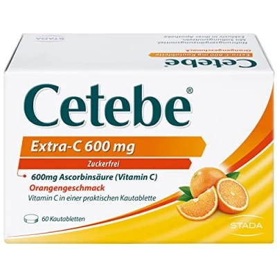 Abbildung von Cetebe Extra C 600 mg Nahrungsergänzungsmittel mit hochdosiertem Vitamin C, Ascorbinsäure Orangengeschmack 1 x 60 Kautabletten