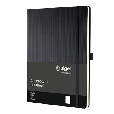 Abbildung von SIGEL CO110 Premium Notizbuch blanko, A4, Hardcover, schwarz, aus nachhaltigem Papier Conceptum mit Seitenzahlen, Inhaltsverzeichnis, Stiftschlaufe, Falttasche