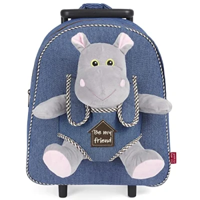 Abbildung von PERLETTI Plüschtier Kindergepäck Rucksack für Kinder Kinderrucksack mit Abnehmbaren Rädern und Kuscheltier Spielzeug Kindergarten Rollrucksack Kleinkinder 3 4 5 Jahren 28x32x11 cm (Nilpferd)