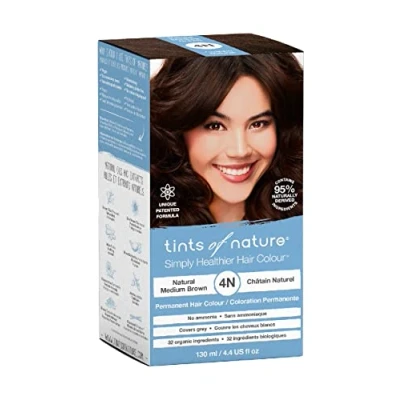 Abbildung von Tints of Nature 4N Natural Medium Brown Permanent Hair Dye, Natürliches Mittelbraun Permanente Haarfarbe, pflegt das Haar und deckt Grau ab, ammoniakfrei, 130 ml