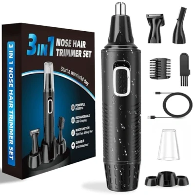 Abbildung von Nasenhaartrimmer, USB Wiederaufladbar Nasenhaarschneider 3 in 1 Set Ohrhaarschneider mit Doppelschneideklingen, Professioneller schmerzfreier Augenbrauen und esichtshaartrimmer für Männer Frauen