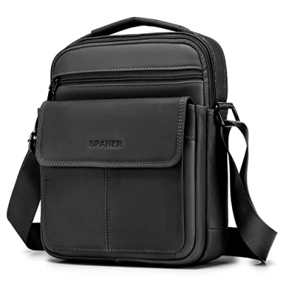 Abbildung von SPAHER Umhängetasche Leder Herren Herrentasche Schultertasche Echtes Handgelenktasche Crossbody Bag Messenger Bags Geschenk für Männer