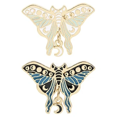 Abbildung von 2 Stück Personalisierte Schmetterlingsmotte Emaille Pins Mond Sternenhimmel Reverie Brosche Tasche Abzeichen Anstecknadel Gothic Schmuck Geschenk für Freunde, Metall