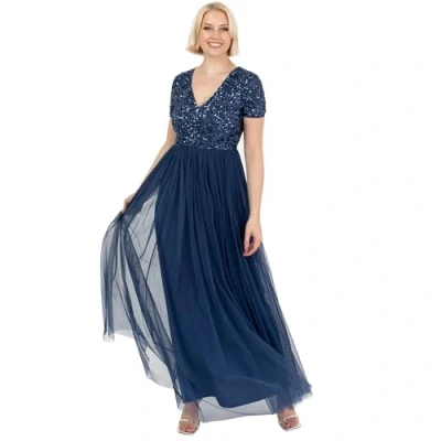 Abbildung von Maya Deluxe Damen Maxikleid mit V Ausschnitt, verziert, Kurze Ärmel, Empire Taille, Abschlussball, Abschlussfeier, Brautjungfer, Hochzeitsgast, French Navy, Größe 24, 50