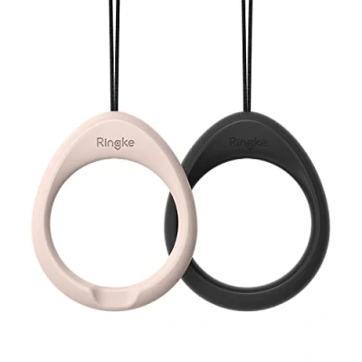 Abbildung von Ringke Finger Ring Strap [2 Pack] Fingerschlaufe Telefon Anhänger Kompatibel mit Meisten Hülle, Universale Handykette Anti Rutsch Silikon Standfunktion Black/Pink Sand