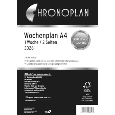 Abbildung von Chronoplan 50706 Kalendereinlage 2026 (Wochenplan A4 (210x297mm) Ersatzkalendarium für Terminplaner, ideal detaillierte Wochenplanung, 1 Woche auf 2 Seiten in Spalten, mit Universallochung) weiß