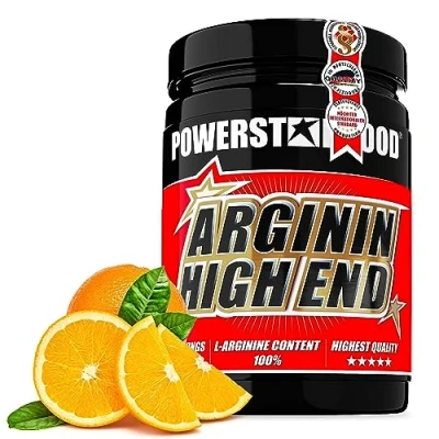 Abbildung von Powerstar Arginin HIGH END 500g L Pulver hochdosiert &amp; vegan Deutsche Herstellung nach IFS 100% Arginine Base ohne Zucker Zusatz Maximale Nährstoffversorgung Juicy Orange