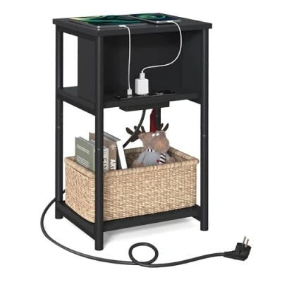 Abbildung von VASAGLE Beistelltisch, Nachttisch mit Steckdose, schmal, 2 AC Anschlüsse, USB 30 x 34 58 cm, für Wohnzimmer, Schlafzimmer, schwarz LET375B02