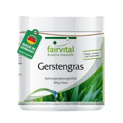 Abbildung von Fairvital Gerstengras Pulver 400g hochdosiert VEGAN 1500mg pro Tagesdosis Reinsubstanz ohne Zusatzstoffe