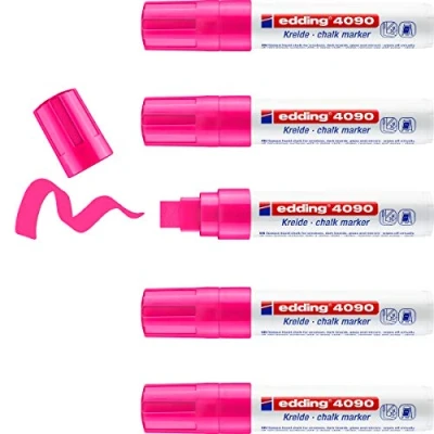 Abbildung von edding 4090 Kreidemarker neon pink 5 Kreidestifte Keilspitze 4 15 mm breiter Kreidestift für Tafel abwischbar zum Beschriften von Fenster, Glas, Spiegel Tafelstift mit deckenden Farben