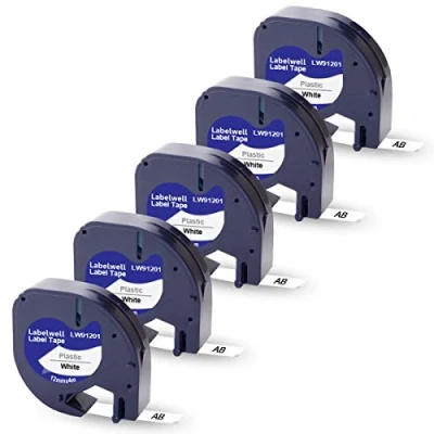 Abbildung von Labelwell 5x Kompatibel Schriftband Ersatz für Dymo 91221 S0721660 91201 Plastic Schwarz auf Weiß 12mm 0.47 LetraTag 200B LT 100H 100T Plus 110T QX 50 XR XM 2000 Beschriftungsgerät