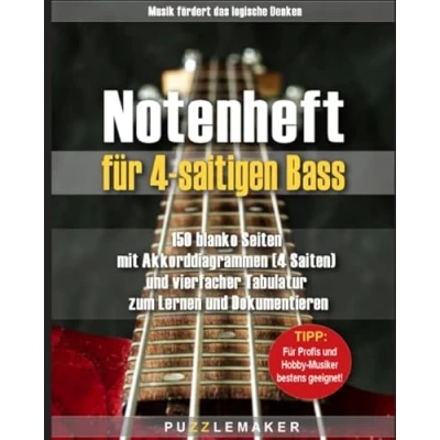 Abbildung von Notenheft für 4 saitigen Bass: 150 blanko Seiten mit Akkorddiagrammen (4 Saiten) und vierfacher Tabulatur zum Lernen Dokumentieren