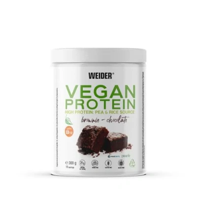 Abbildung von Weider Vegan Protein (300g) Brownie Geschmack. 21g Protein/Dosis, Erbsenisolat (Pisane) &amp; Reisproteine. Mit Vitamin B12 und Stevia. Glutenfrei, zuckerfrei. Verpackung 50% Recycelt, 100% Recycelbar
