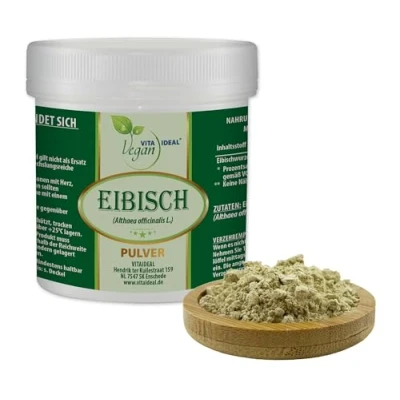 Abbildung von VITA IDEAL Vegan® EIBISCH Wurzel 100g PULVER Althaea officinalis L. getrocknet &amp; gemahlen Tagesportion 600mg EIBISCHWURZEL natürlich, pflanzlich ohne Zusatzstoffe, + Messlöffel.