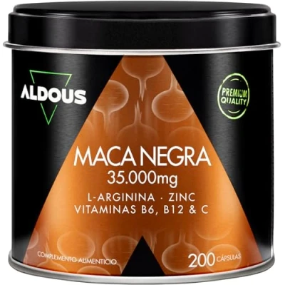 Abbildung von Maca Kapseln (schwarz) Komplex 35.000 mg je Tagesdosis 20:1 Extrakt 200 Arginin, Zink, Vitamin C, B12 und B6 Hochkonzentrierte reine Steigert Energie, Vitalität, Lust