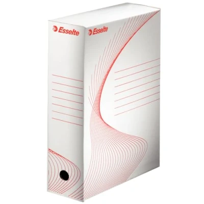 Abbildung von Esselte Standard Archiv Schachtel, 100 mm Rückenbreite, Aktenkarton A4, Aufbewahrungsbox für bis zu 800 Blätter, Archivbox mit geometrischem Design, Serie, 25 Stück, Weiß/Rot, 128102