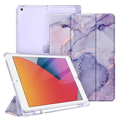 Abbildung von Fintie Hülle für iPad 9. Generation 2021/8. Gen 2020/7. 2019 10.2 Zoll mit Stifthalter, ultradünne leichte Schutzhülle transparenter Rückseite und Auto Schlaf/Wach Funktion, Marmor Lila