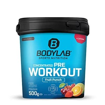 Abbildung von Bodylab24 Concentrated Pre Workout Booster Fruchtmix 500g, Energy mit Kreatin, Beta Alanin, Arginin, Niacin und Koffein im optimalen Verhältnis für mehr Power Energie Training