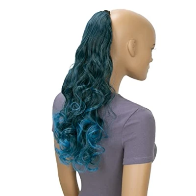 Abbildung von CAISHA 50cm Haarteil Ponytail Zopf Haarverlängerung Mit 2 Bändern Pferdeschwanz Lockig Schwarz Hellblau HCB5 1
