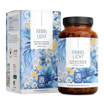 Abbildung von NATURTREU® Nebellicht Mutterkraut Komplex hochdosiert 1260 mg pro Tag mit Ingwer, Magnesium, Coenzym Q10 &amp; Vitamin B2 natürlich und vegan