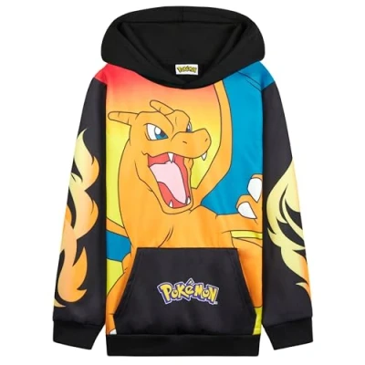 Abbildung von Pokemon Hoodie Jungen, Warmer Kapuzenpullover mit Bündchen &amp; Kängurutasche Pikachu Geschenke für Jungs (Schwarz/Orange Glurak, 7 8 Jahre)