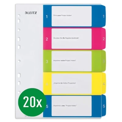 Abbildung von Leitz Register für A4, 20er Pack, PC beschriftbares Deckblatt und 5 Trennblätter, Taben mit Zahlenaufdruck 1 5, Überbreite, Mehrfarbig, Polypropylen, WOW, 12410000