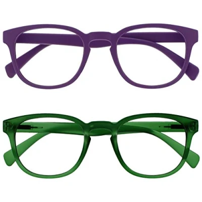 Abbildung von OPULIZE Pop Lesebrille 2er Pack Keck Rund Matt Rahmen Federscharniere Kratzfest Lila Grün Herren Damen RR2 56 +2.50