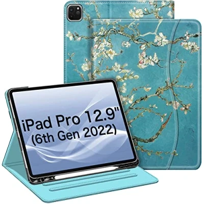 Abbildung von FINTIE Schutzhülle kompatibel mit iPad Pro 12,9 Zoll (2022/2021/2020/2018, 6. / 5. 4. 3. Generation), Multi Winkel Smart Ständer, Stifthalter und Tasche, automatischer Schlaf /Wachmodus, Blüte