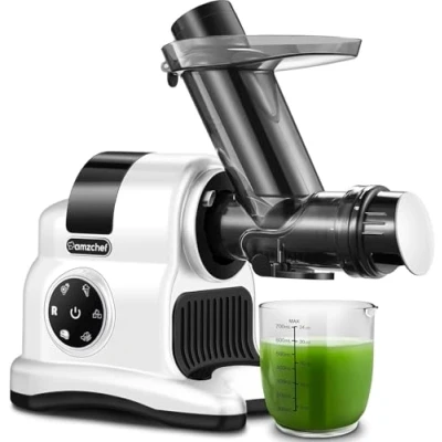 Abbildung von AMZCHEF Entsafter mit 80MM Großer Einfüllschacht 150W Slow Juicer 2 Geschwindigkeitsmodi und Rücklauffunktion für Ganze Gemüse Obst Testsieger Weiß