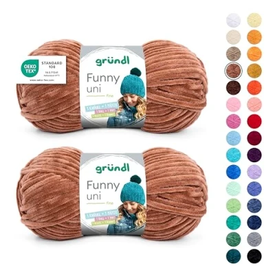 Abbildung von Gründl Wolle Funny uni weiche Chenille zum Häkeln Chenillegarn aus 100% Polyester, 2 Knäuel (100 g/ 120 m, Nadelstärke: 5 6) Hellbraun