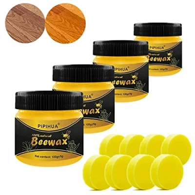 Abbildung von Möbelpflege Bienenwachs, Natürliche Holzpflege Bienenwachs Wasserdicht Abriebfest zur &amp; Holzschutz von Holzmöbeln, Poliermittel für Holz und Möbel 4X 100g mit 8 Schwamm