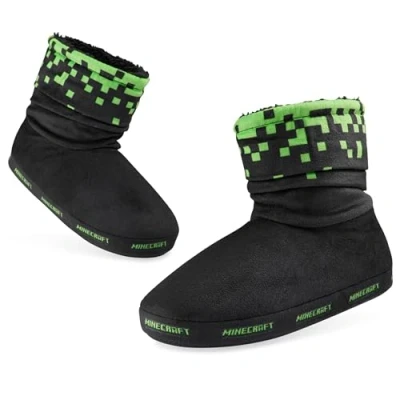 Abbildung von Minecraft Hausschuhe Kinder Junge, Warme Kuschel Größen 28 39 Gamer Geschenk (Schwarz/Grün, 32/33 EU)