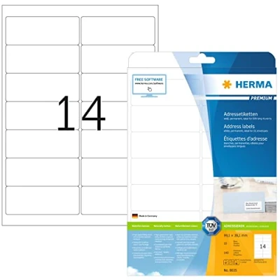 Abbildung von HERMA 8635 Universal Etiketten, 10 Blatt, 99,1 x 38,1 mm, 14 pro A4 Bogen, 140 Stück, selbstklebend, bedruckbar, matt, blanko Papier Klebeetiketten Aufkleber, weiß