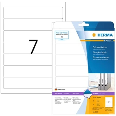 Abbildung von HERMA 8620 Ordnerrücken Etiketten kurz schmal, 10 Blatt, 192 x 38 mm, 7 pro A4 Bogen, 70 Stück, selbstklebend, bedruckbar, blickdicht, blanko Papier Ordneretiketten Rückenschilder Aufkleber, weiß